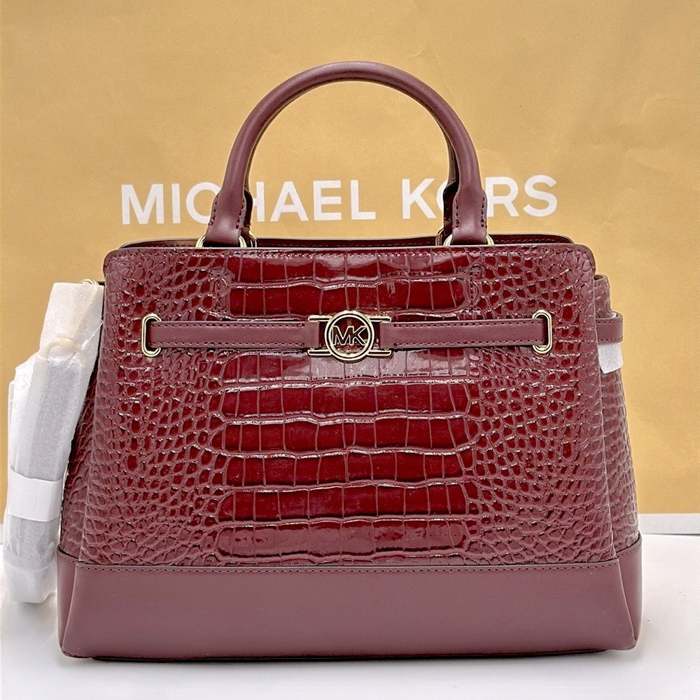 MICHAEL KORS Reed Large Leather Belted Satchel Crossbody Handbag Center Zip